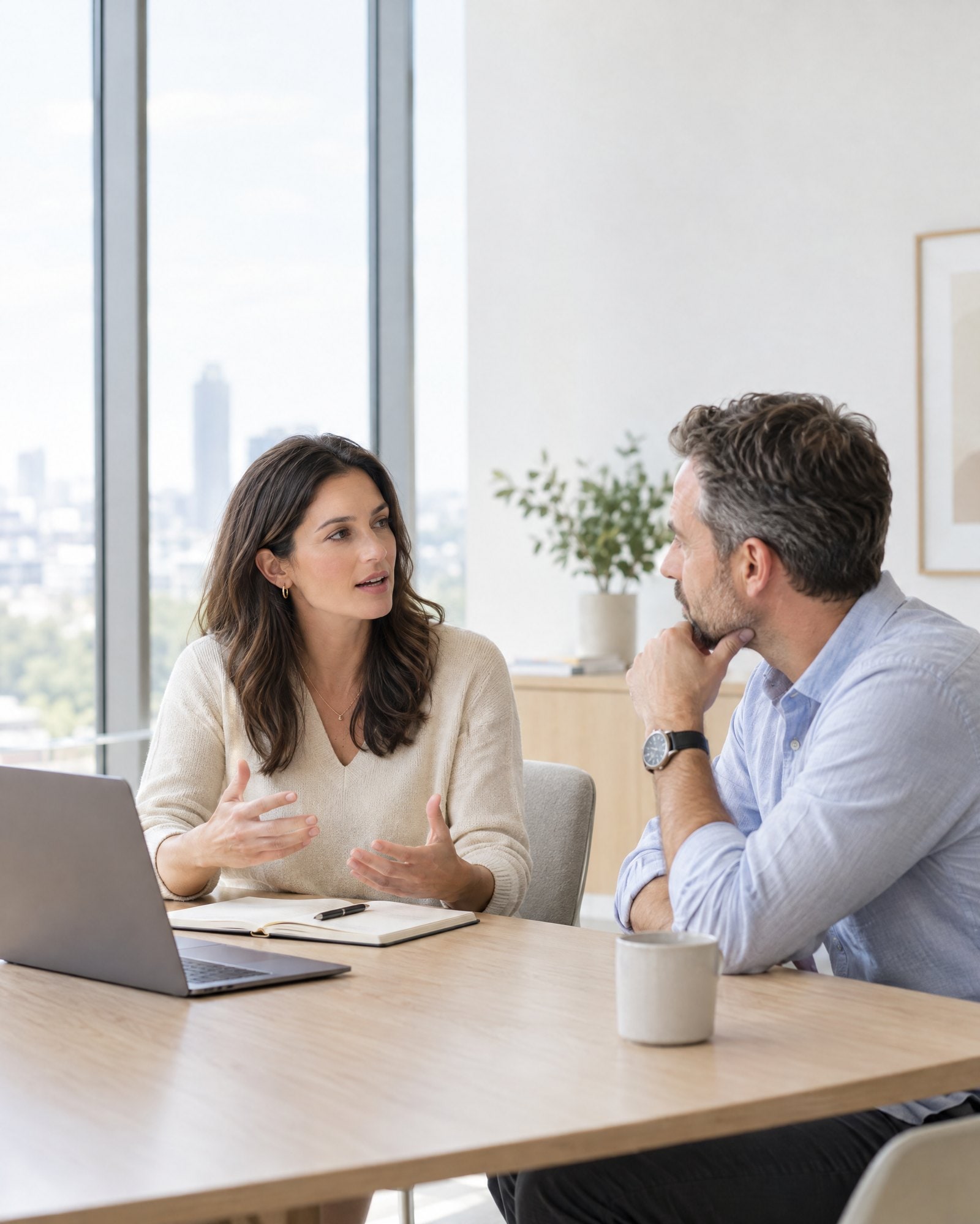 Two professionals discussing a case at a meeting table