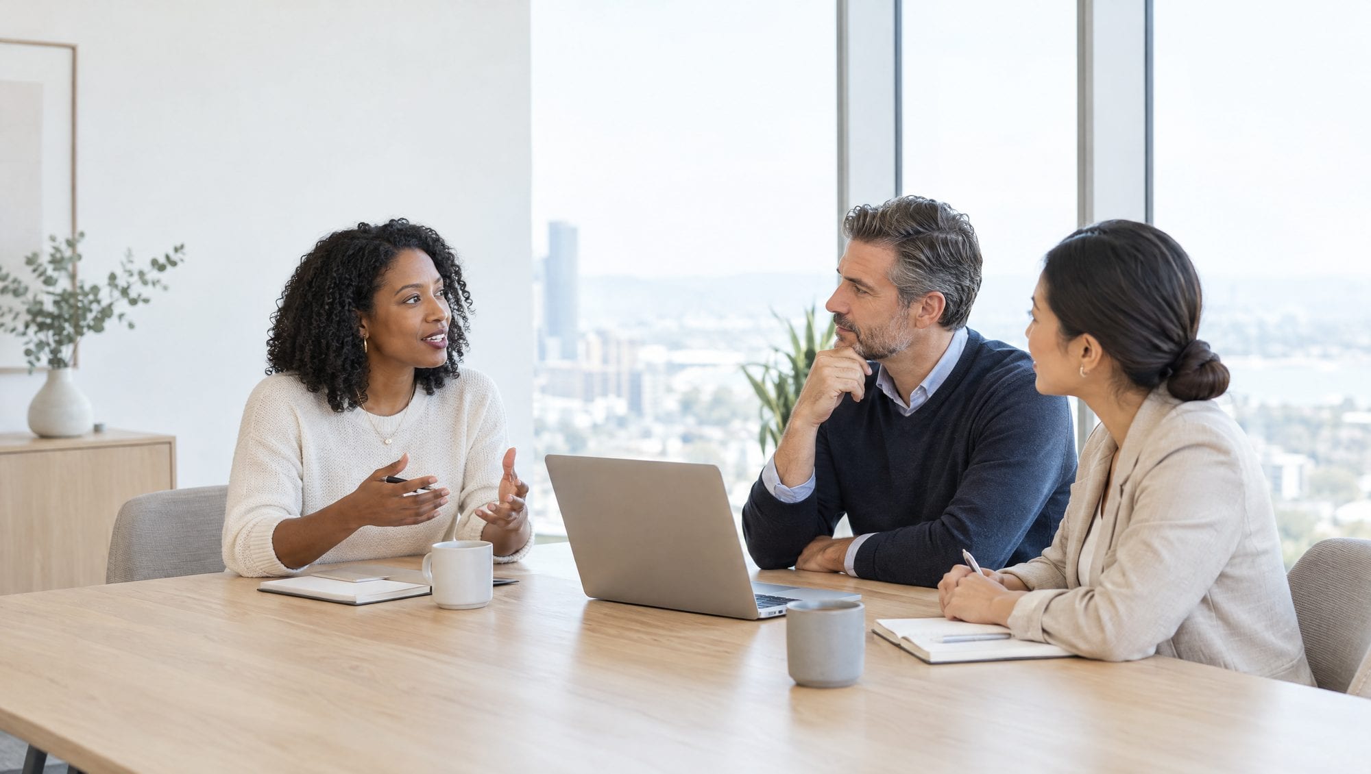 Three professionals discussing a case around a meeting table