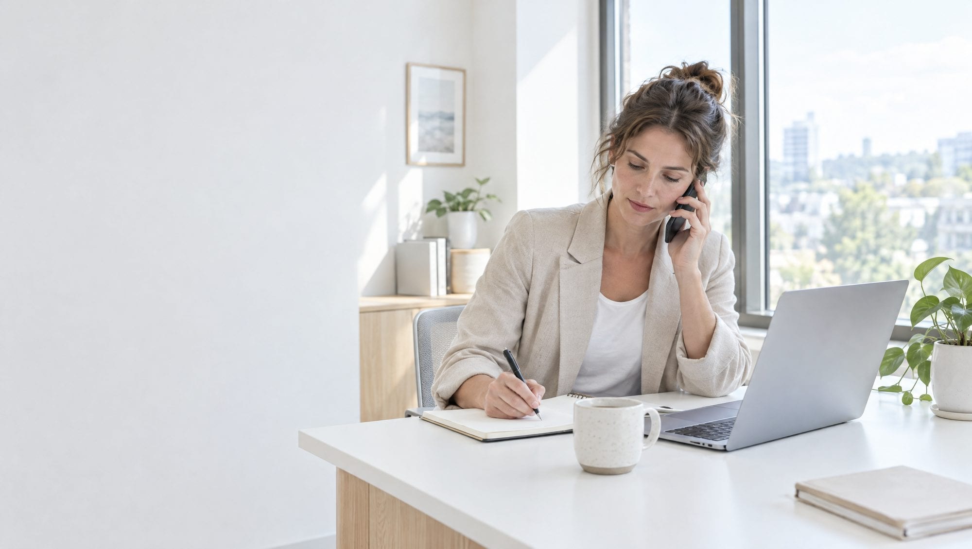 A consultant on the phone taking notes at a bright desk