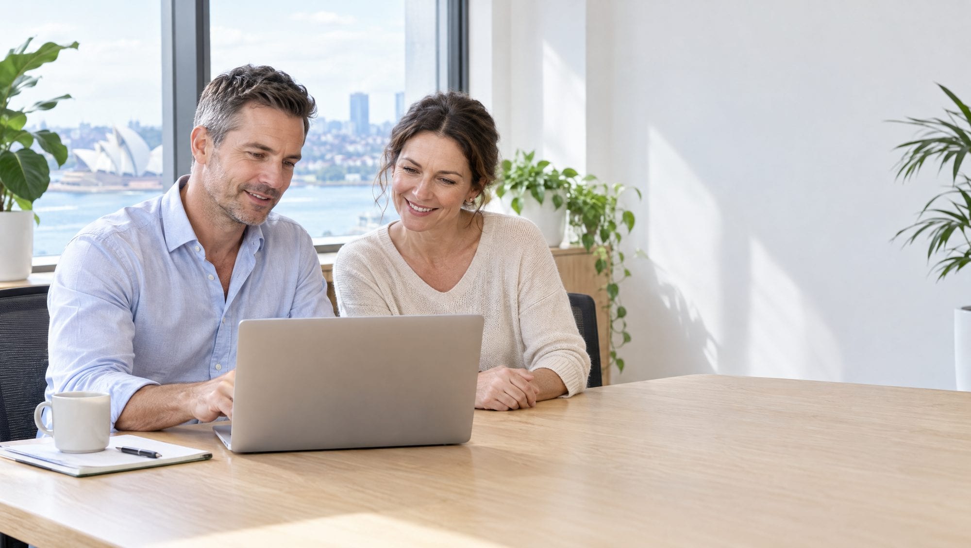 A consultant and a job seeker reviewing a resume together on a laptop