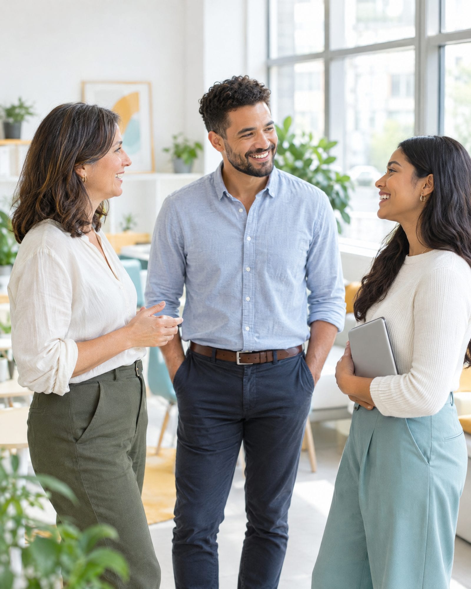 Three professionals chatting in a bright office
