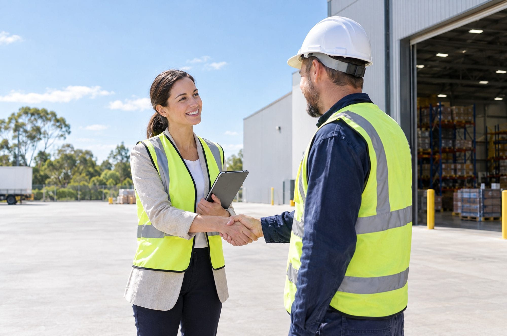 A consultant in a hi-vis vest shaking hands with a site supervisor outside a warehouse