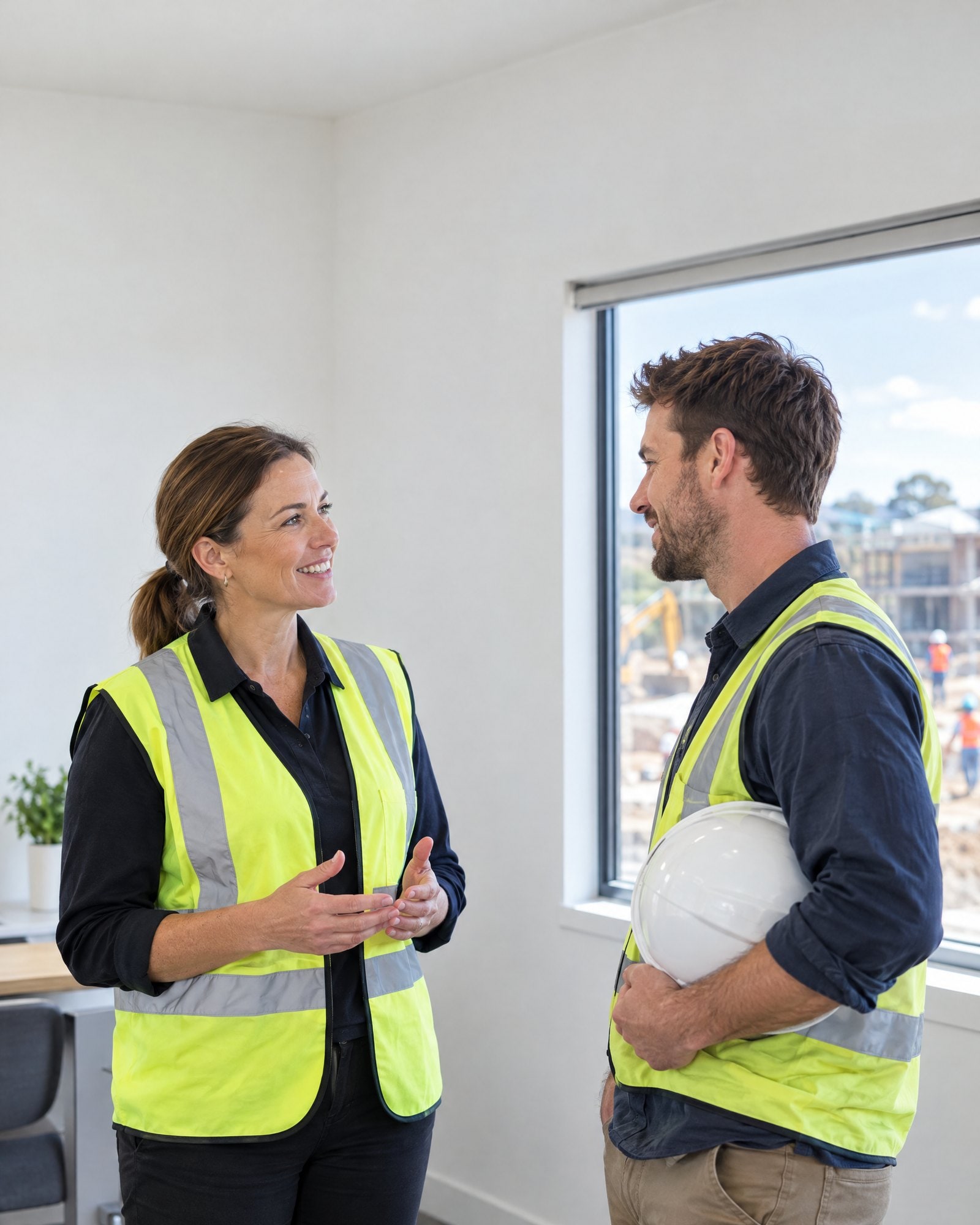 A site manager in a hi-vis vest talking with a worker holding a hard hat
