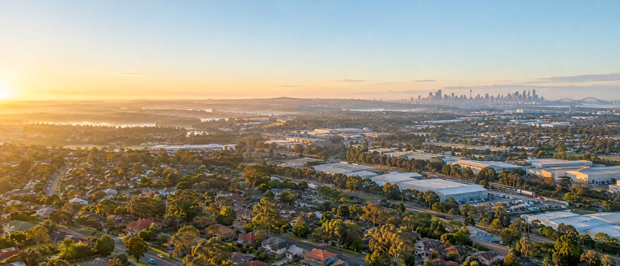 Aerial view of Greater Sydney's suburbs at sunrise with the city skyline in the distance