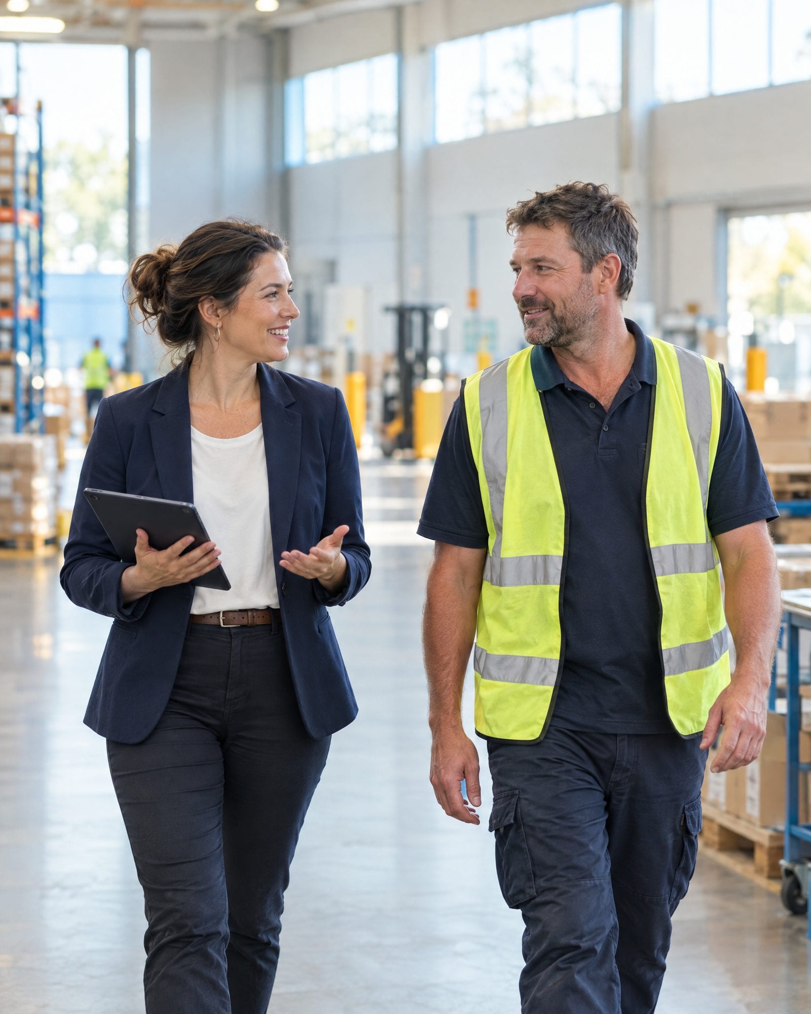 A rehabilitation consultant with a tablet walking and talking with a warehouse worker in a hi-vis vest