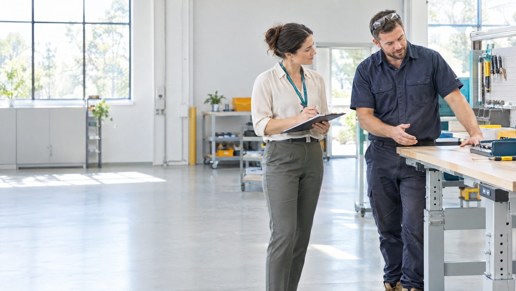 A consultant taking notes while a worker shows her an adjustable workbench