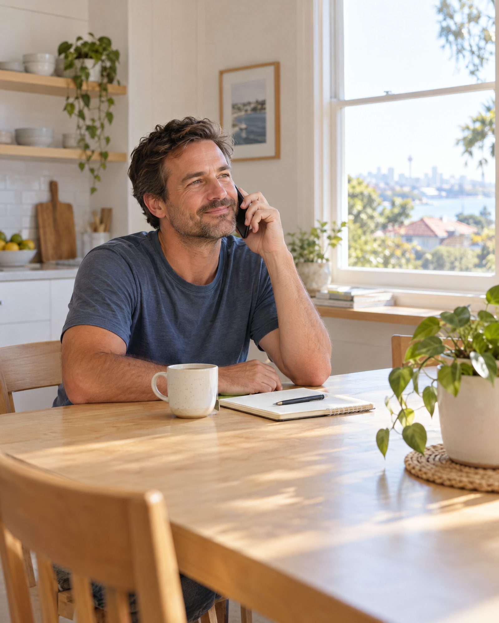 A man at his kitchen table talking on the phone with a calm, relieved expression
